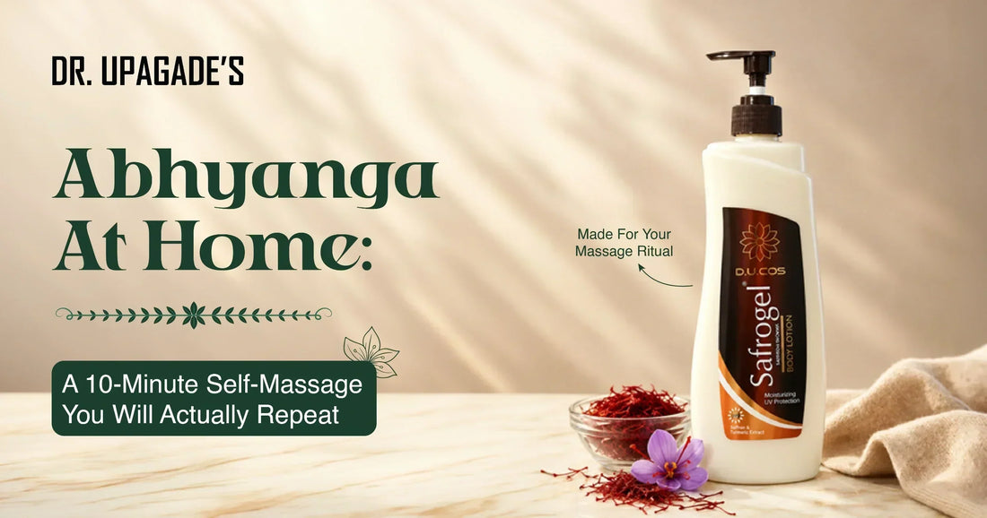 Dr. Upagade's Safrogel Body Lotion 500ml bottle displayed with saffron strands and natural botanical elements for Ayurvedic abhyanga self-massage.