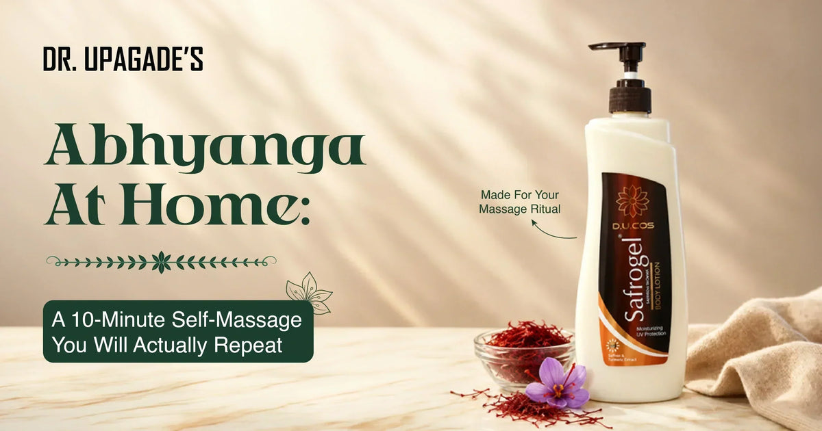 Dr. Upagade's Safrogel Body Lotion 500ml bottle displayed with saffron strands and natural botanical elements for Ayurvedic abhyanga self-massage.