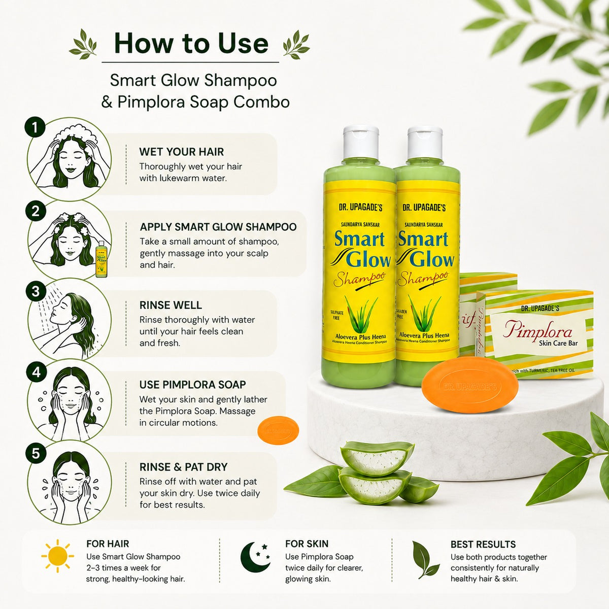 Smart glow shampoo 500ml pack of 2 and pimplora soap pack of 3
